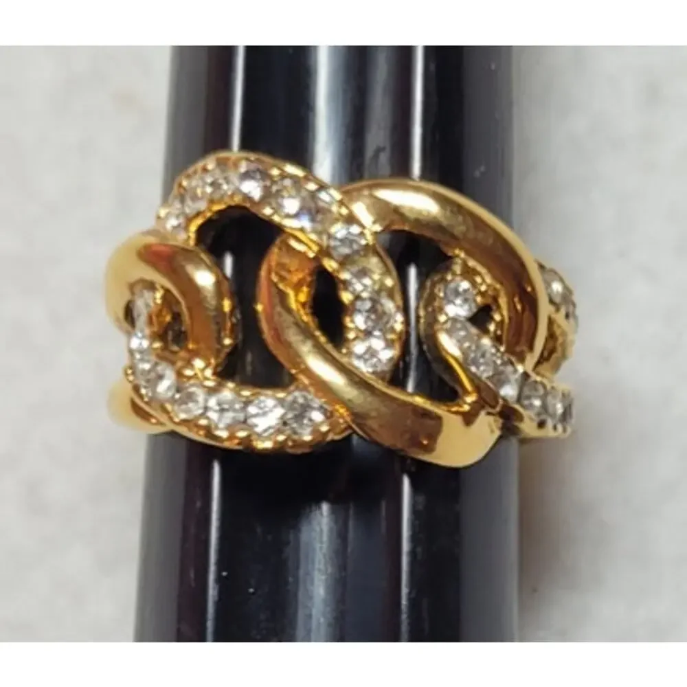 Vtg KJL Kenneth Jay Lane Gold Tone Chunky Chain Link Rhinestone Ring Size 8.25